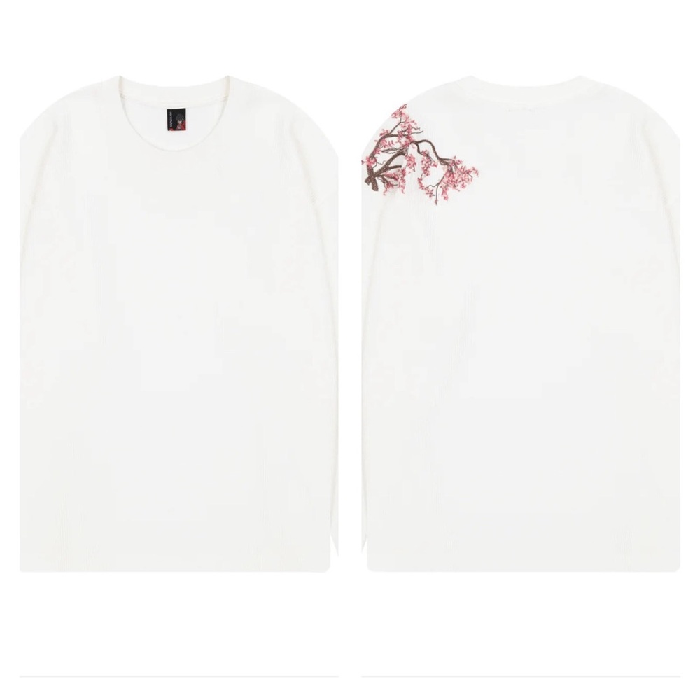 Derschutze Embroidered Cherry Blossom Waffle White Long Sleeve Shirt Cotton